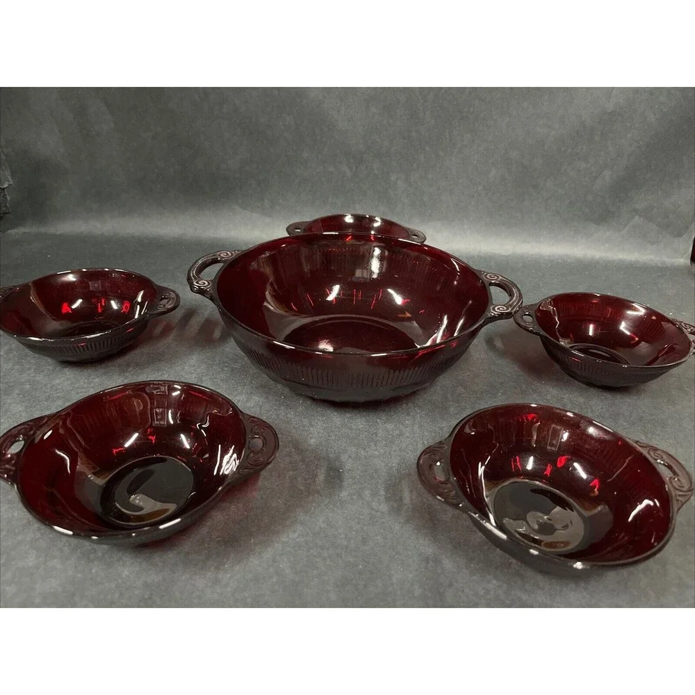 VTG Anchor Hocking Coronation Royal Ruby ‎ Master Bowl & Berry Bowls 6pc Set